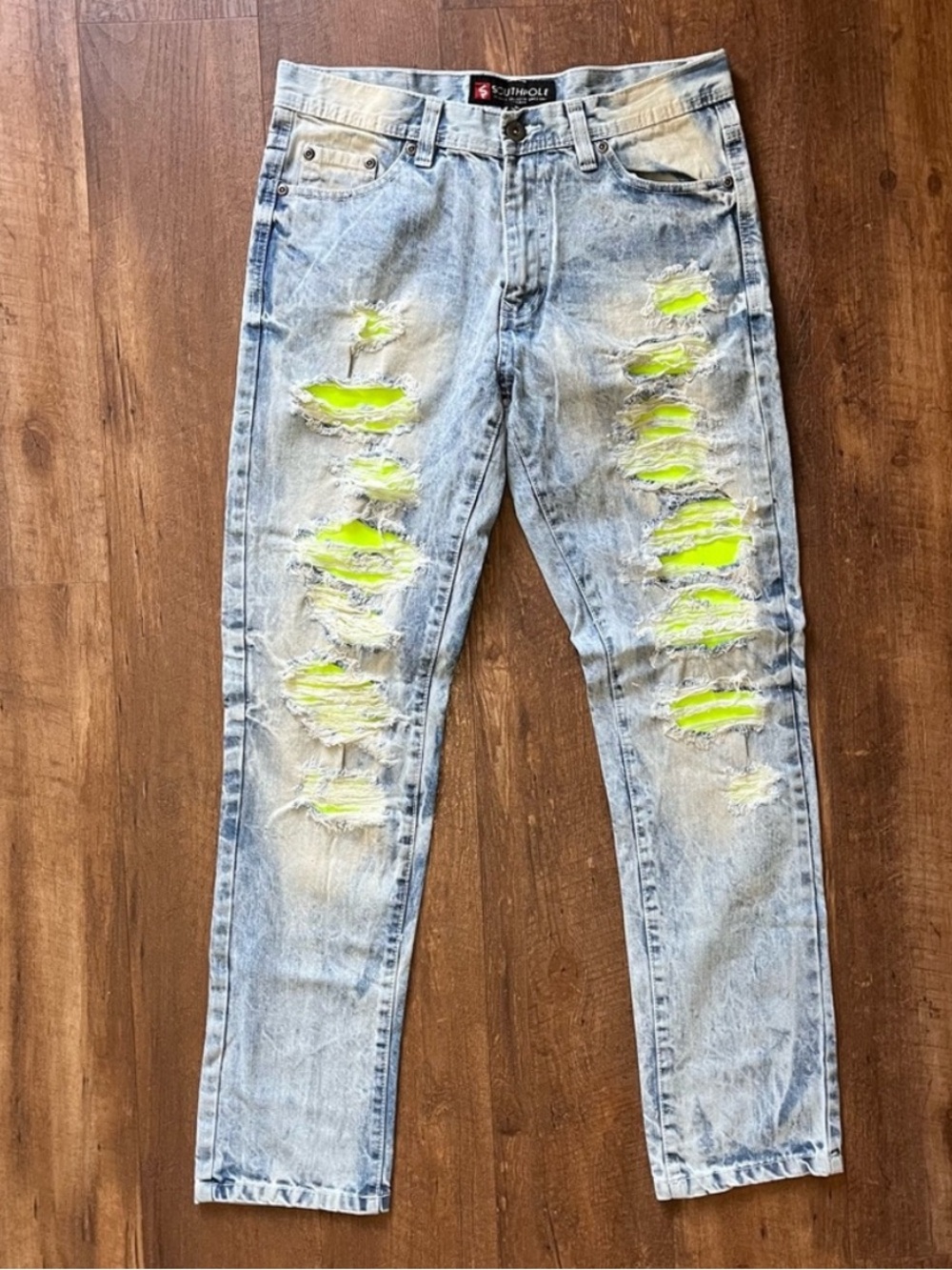 SouthPole men’s distressed neon yellow denim jeans size 32 x 32